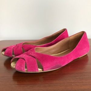Bright pink suede peep toe flats